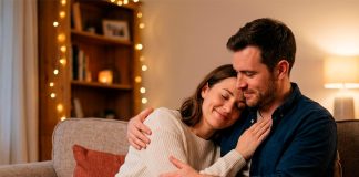 Dicas Práticas para Manter a Chama Acesa no Relacionamento e Fortalecer o Amor Casal sorrindo e se abraçando em um ambiente iluminado e romântico