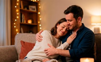 Dicas Práticas para Manter a Chama Acesa no Relacionamento e Fortalecer o Amor Casal sorrindo e se abraçando em um ambiente iluminado e romântico