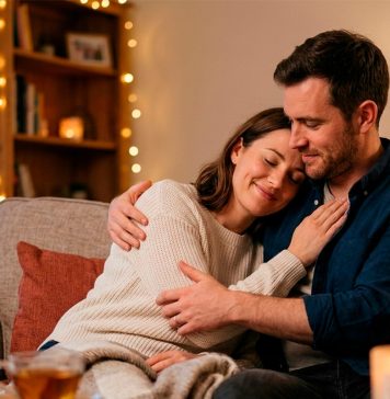 Dicas Práticas para Manter a Chama Acesa no Relacionamento e Fortalecer o Amor Casal sorrindo e se abraçando em um ambiente iluminado e romântico