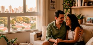 10 Dicas Simples para Manter a Chama Acesa no Relacionamento Todos os Dias Casal sorrindo e se abraçando carinhosamente no sofá de casa ao pôr do sol, ilustrando conexão diária