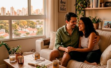 10 Dicas Simples para Manter a Chama Acesa no Relacionamento Todos os Dias Casal sorrindo e se abraçando carinhosamente no sofá de casa ao pôr do sol, ilustrando conexão diária