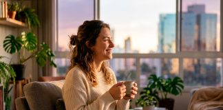 Como lidar com ex-parceiros(as)? Guia para a Saúde Emocional e o Recomeço Uma mulher sorrindo enquanto olha para o horizonte, segurando uma xícara de café, simbolizando um novo começo após um término