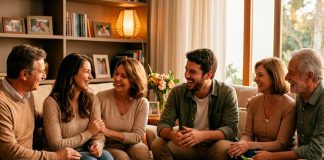 Como lidar com os sogros? Guia para Harmonia e Limites Saudáveis Um casal conversando calmamente em um sofá, representando união diante de desafios familiares