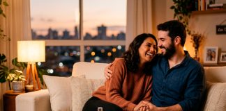 7 Dicas Poderosas para Manter a Chama Acesa no Relacionamento Casal sorrindo abraçado em um momento de carinho e cumplicidade em ambiente aconchegante