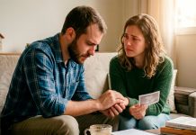 O que fazer se meu parceiro(a) não quer ter filhos? Casal sentado no sofá em uma conversa profunda e emocional sobre o futuro do relacionamento.