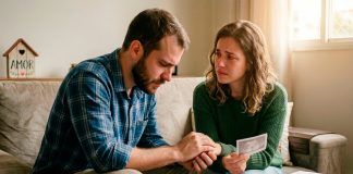 O que fazer se meu parceiro(a) não quer ter filhos? Casal sentado no sofá em uma conversa profunda e emocional sobre o futuro do relacionamento.