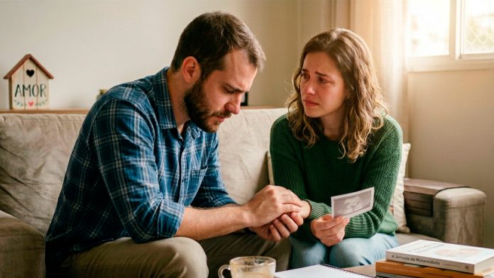 Casal sentado no sofá em uma conversa profunda e emocional sobre o futuro do relacionamento.