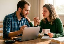 Como gerenciar as finanças em casal? Casal jovem sentado à mesa da cozinha usando um notebook e calculadora para organizar o orçamento doméstico de forma colaborativa.