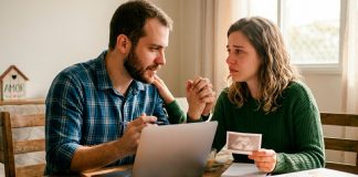 Como gerenciar as finanças em casal? Casal jovem sentado à mesa da cozinha usando um notebook e calculadora para organizar o orçamento doméstico de forma colaborativa.