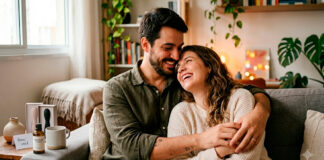 Gestos Simples que Fazem a Diferença no Dia a Dia do Casal Casal sorrindo na cama trocando carinhos e gestos simples de afeto no dia a dia.