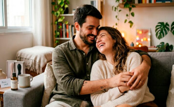 Gestos Simples que Fazem a Diferença no Dia a Dia do Casal Casal sorrindo na cama trocando carinhos e gestos simples de afeto no dia a dia.