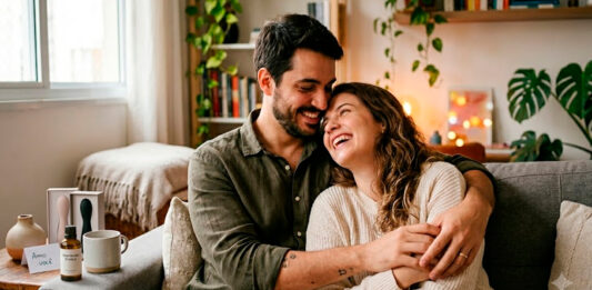 Gestos Simples que Fazem a Diferença no Dia a Dia do Casal Casal sorrindo na cama trocando carinhos e gestos simples de afeto no dia a dia.