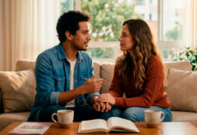 O Papel da Comunicação Eficaz nos Relacionamentos Casal jovem sentado no sofá conversando de forma calma, clara e atenta na sala de estar, ilustrando o papel da comunicação eficaz nos relacionamentos.