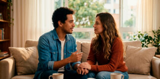 O Papel da Comunicação Eficaz nos Relacionamentos Casal jovem sentado no sofá conversando de forma calma, clara e atenta na sala de estar, ilustrando o papel da comunicação eficaz nos relacionamentos.