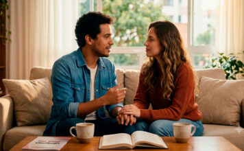O Papel da Comunicação Eficaz nos Relacionamentos Casal jovem sentado no sofá conversando de forma calma, clara e atenta na sala de estar, ilustrando o papel da comunicação eficaz nos relacionamentos.