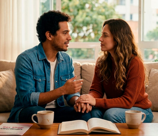 O Papel da Comunicação Eficaz nos Relacionamentos Casal jovem sentado no sofá conversando de forma calma, clara e atenta na sala de estar, ilustrando o papel da comunicação eficaz nos relacionamentos.